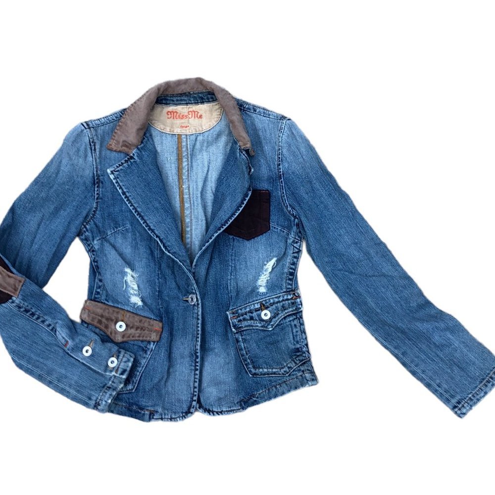 MISS ME Denim Jacket Women's Large Jean Coat Elbow Pads Blue Fitted Blazer​